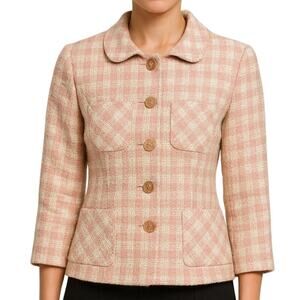 Georgiou Wool Blazer Pink Cream Plaid Round Collar SZ 4 Feminine Classic Preppy